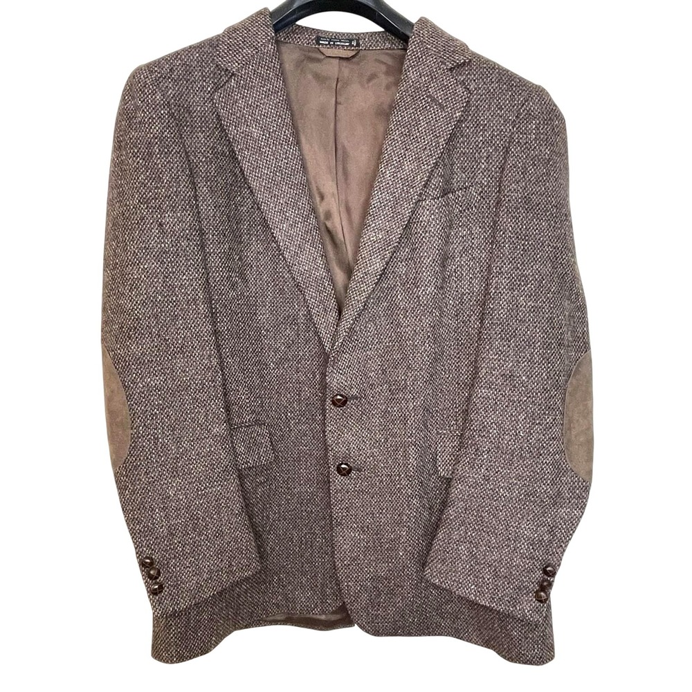 Vintage 100% Pure Wool Tweed Blazer Brown Suede Elbow Patches Sport Coat Mens